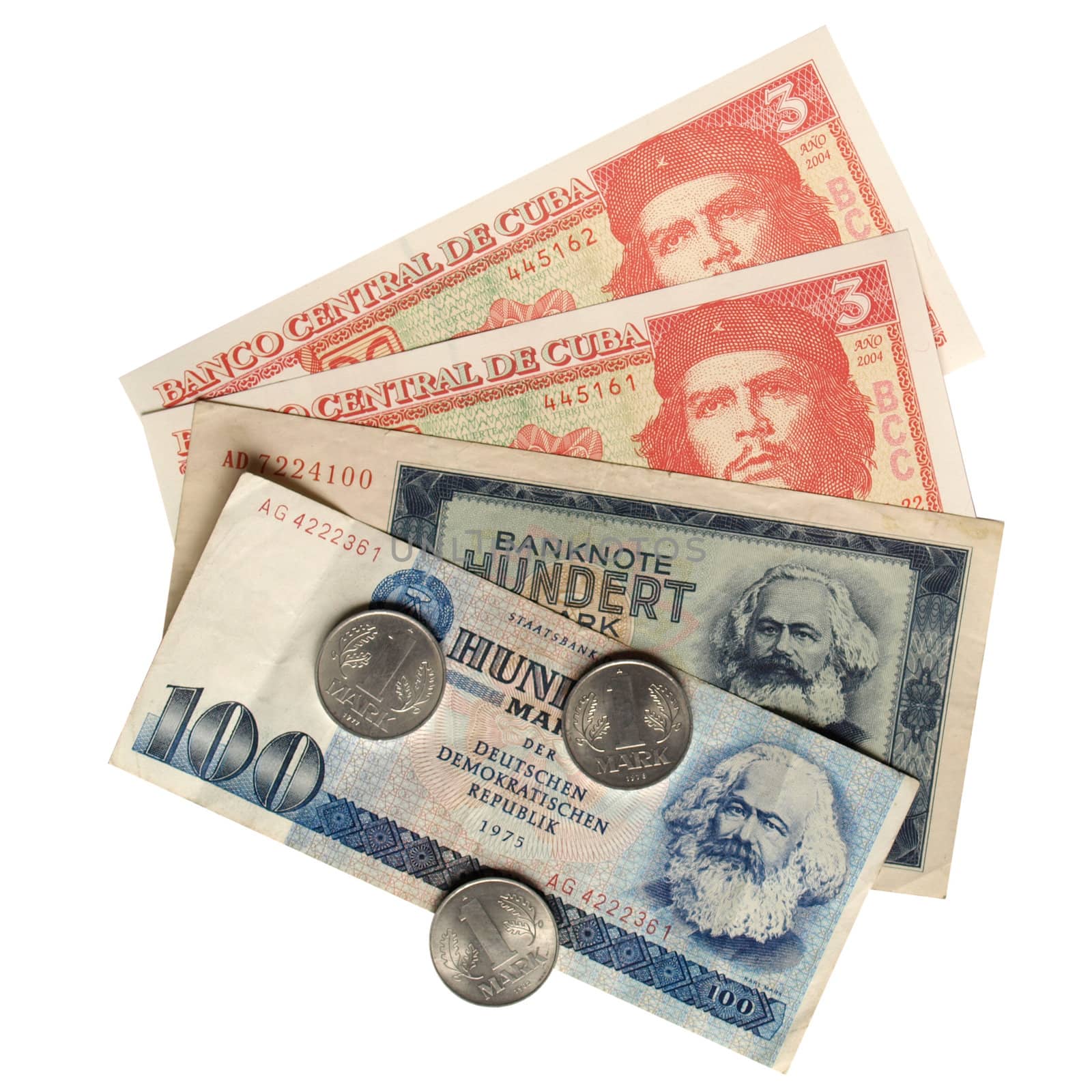 Vintage banknotes with Karl Marx (from DDR) and Che Guevara (from Cuba)