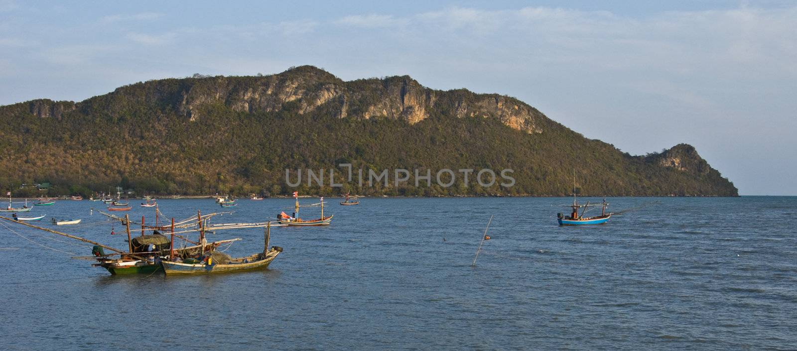 tranquil scenery of the bay of Prachuap Khiri Khan in the sun
