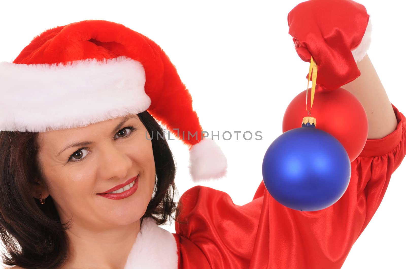  woman santa with christmas decoration isolated on white background