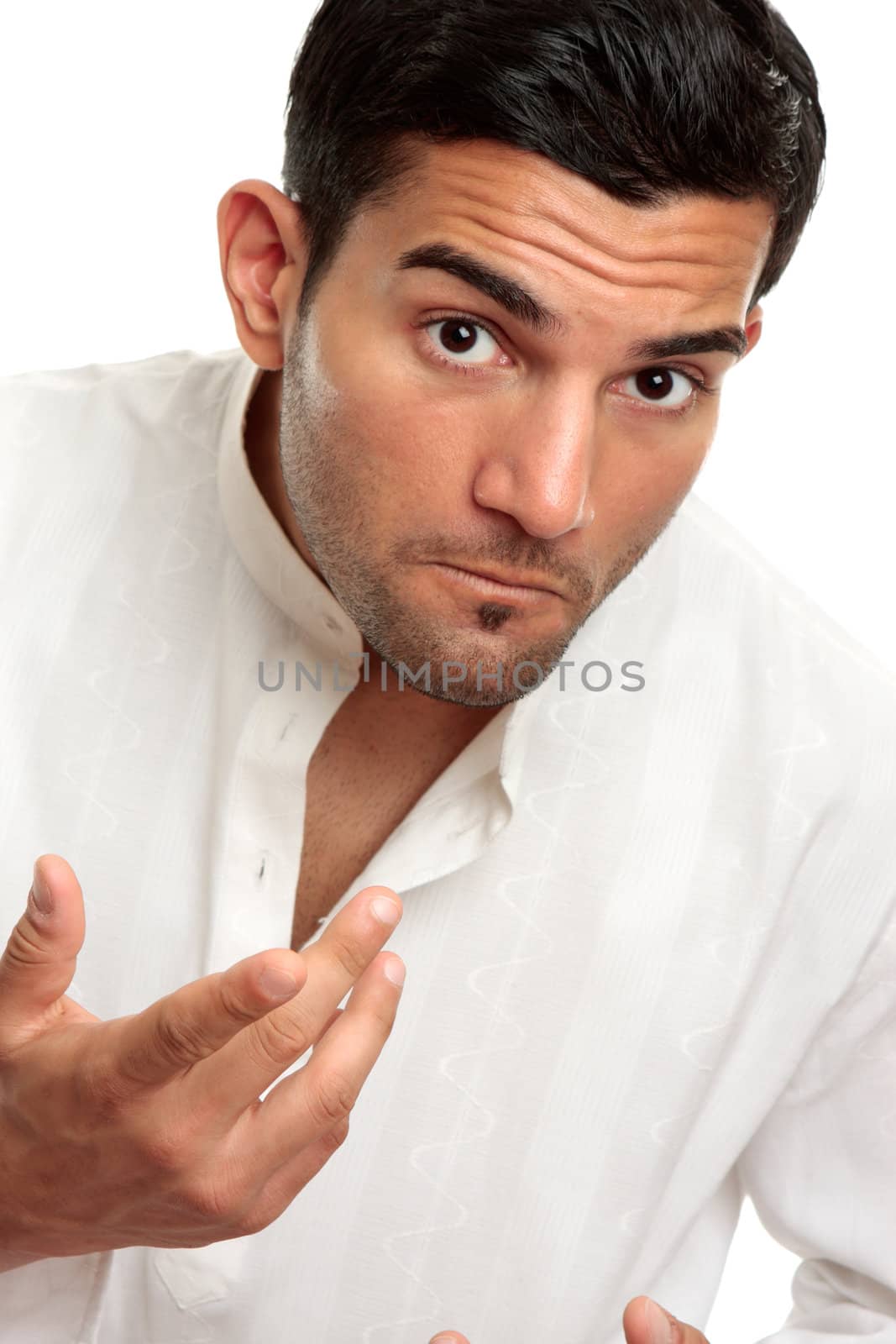 Adult man looking questioning and gesturing with one hand.  White background.