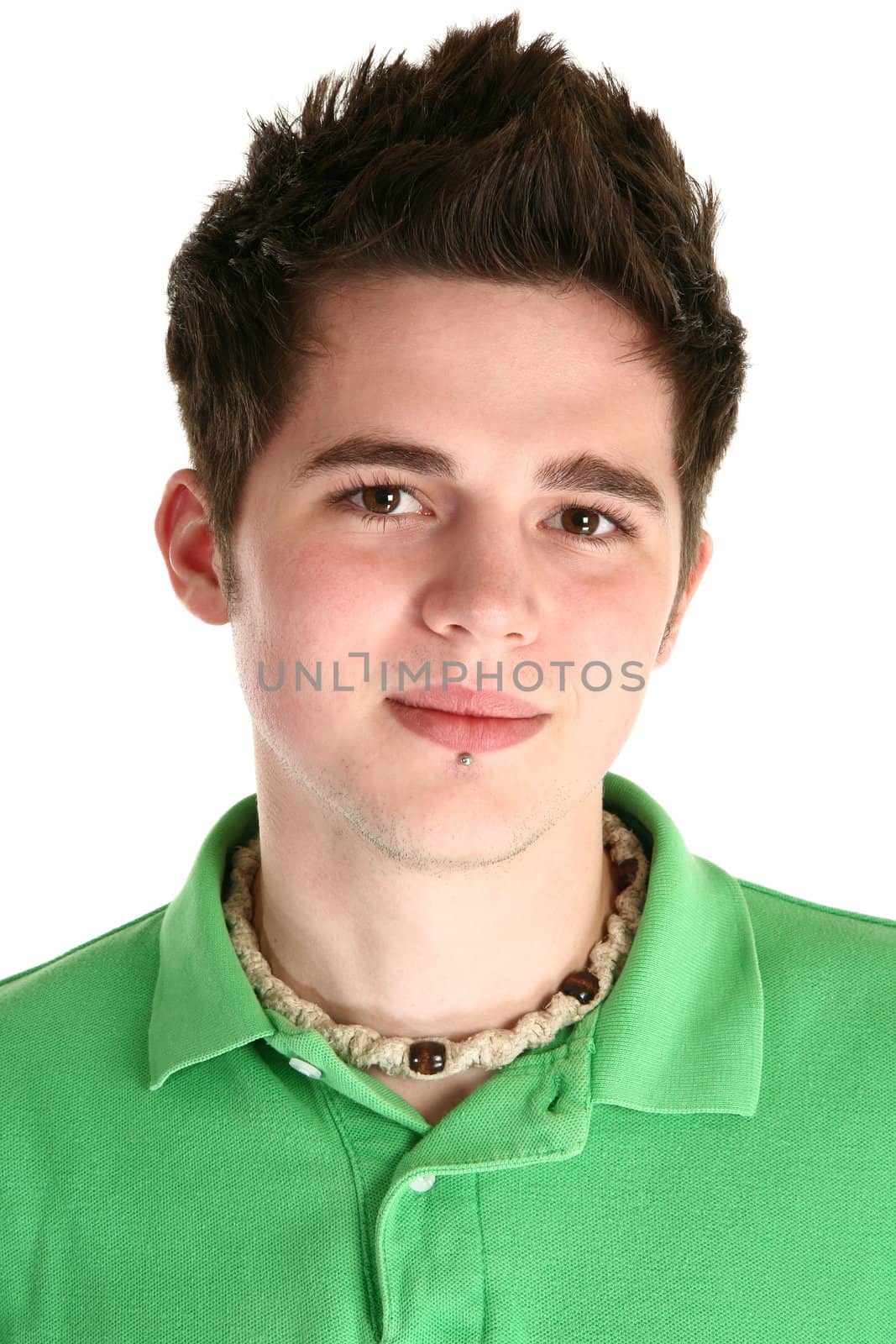 Attractive 18 year old in green shirt over white.