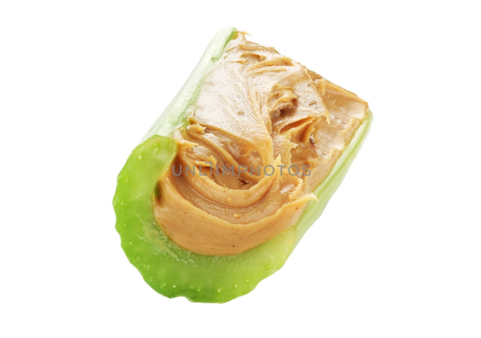 Celery and peanut butter isolated on white background. Clipping path included.