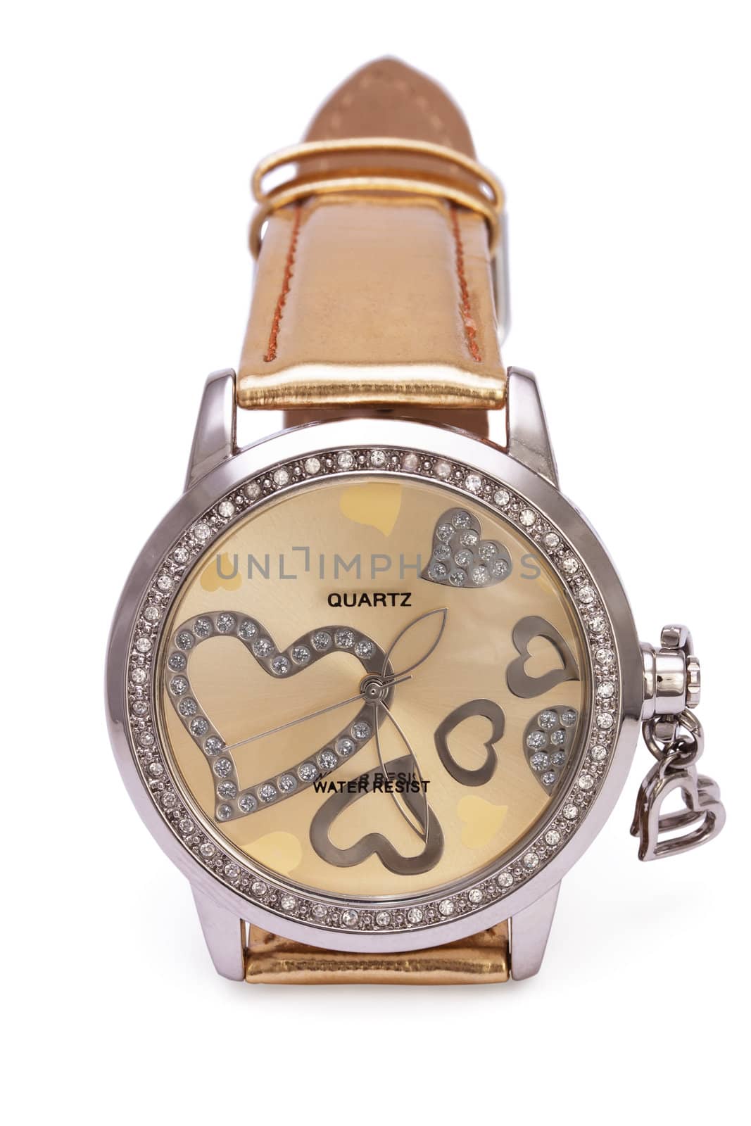 Golden Wristwatches with Hearts isolated on the white background