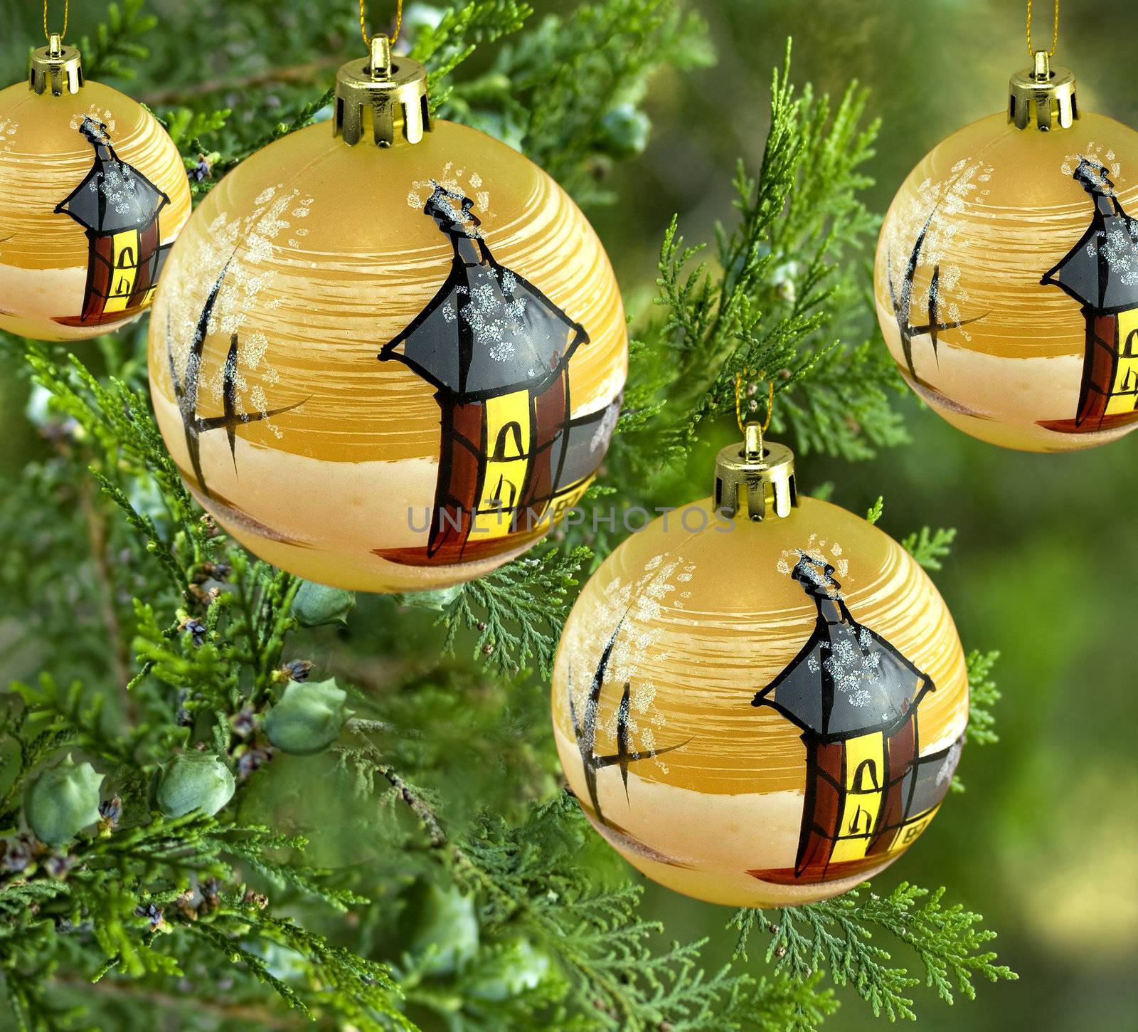 xmas decorations pine tree with fancy gold bauble balls by sherj