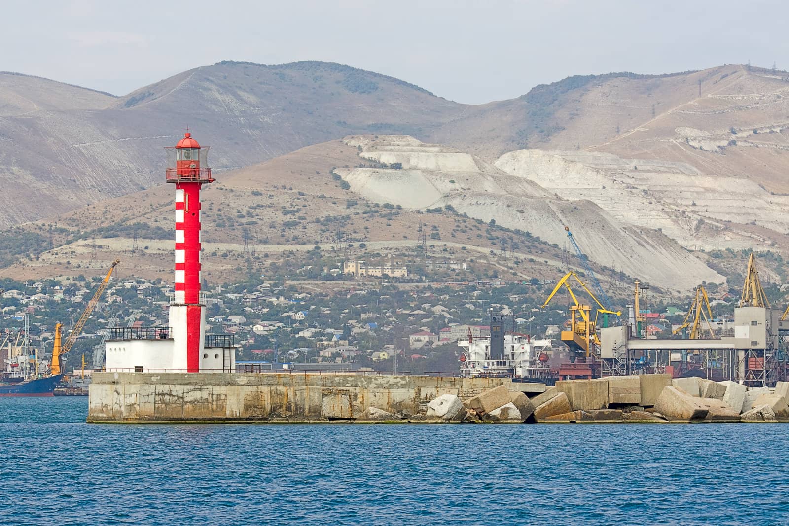 At  entrance to  port of Lighthouse on  shores of  Black Sea, Novorossiysk, Russia.
