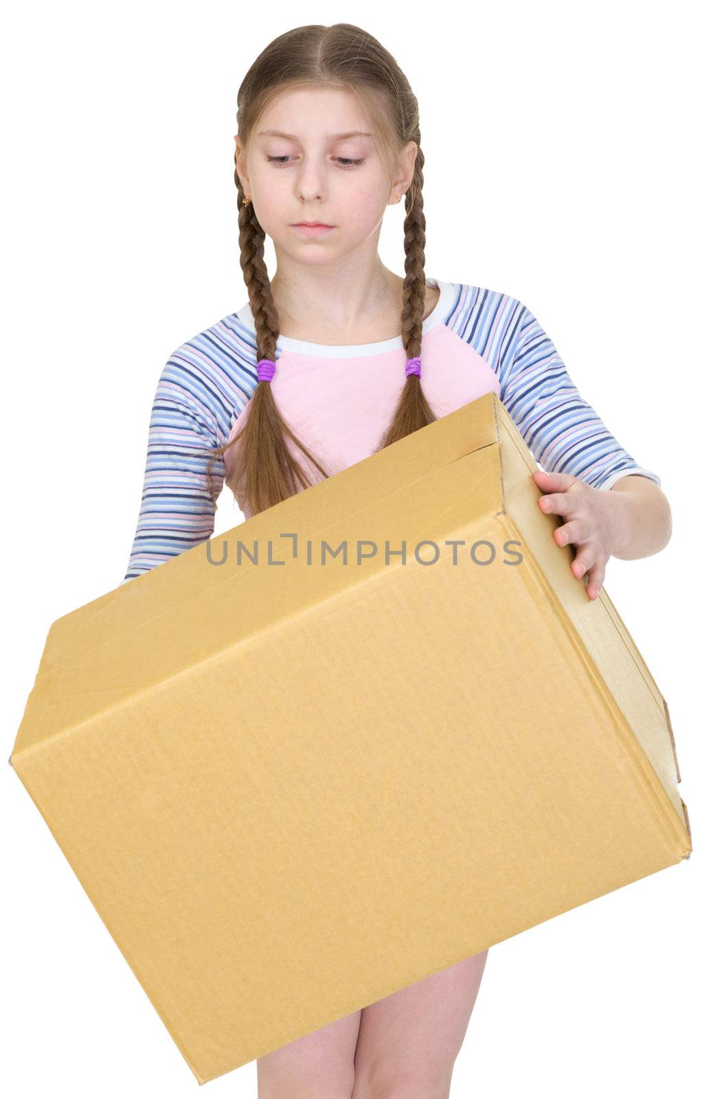 Girl holds the big heavy cardboard box