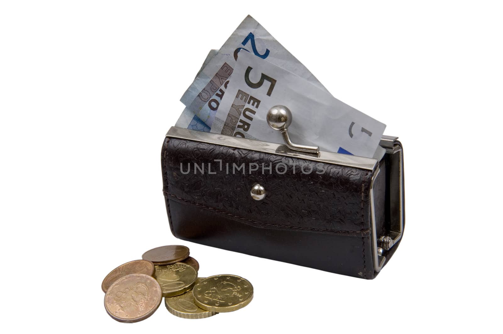 Purse with euro banknotes and coins isolated on the white
