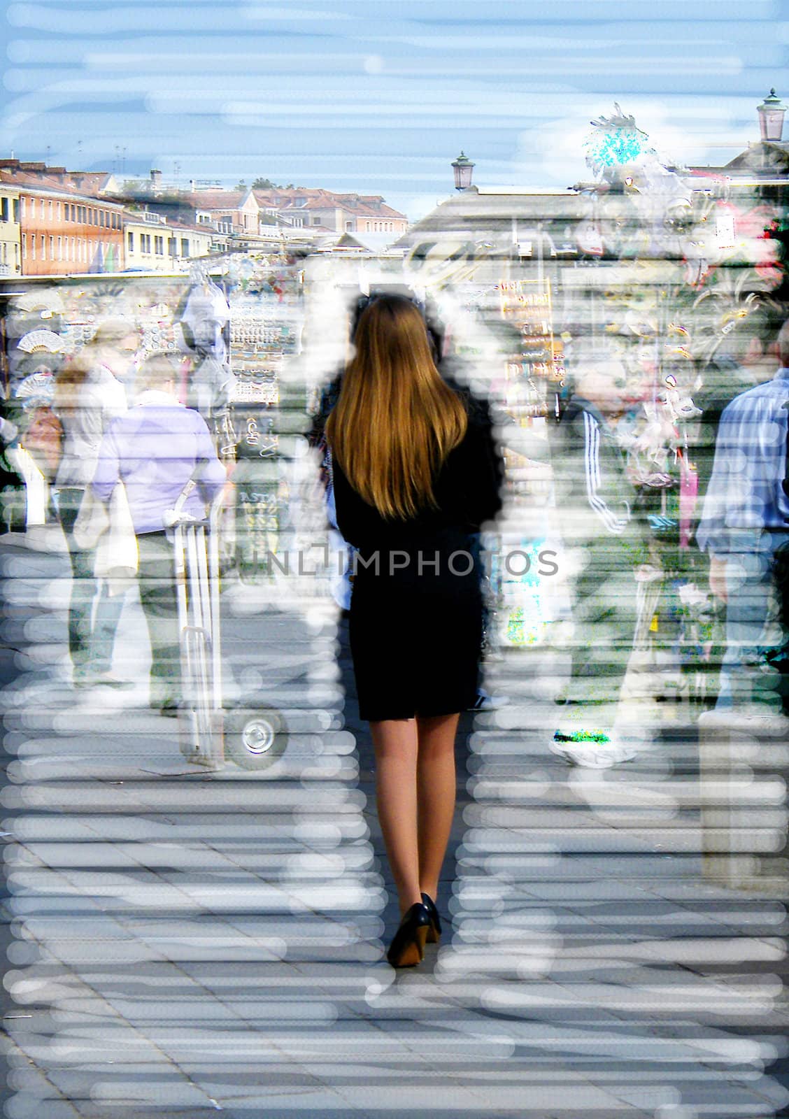 a beautiful girl walking through the people in Venice