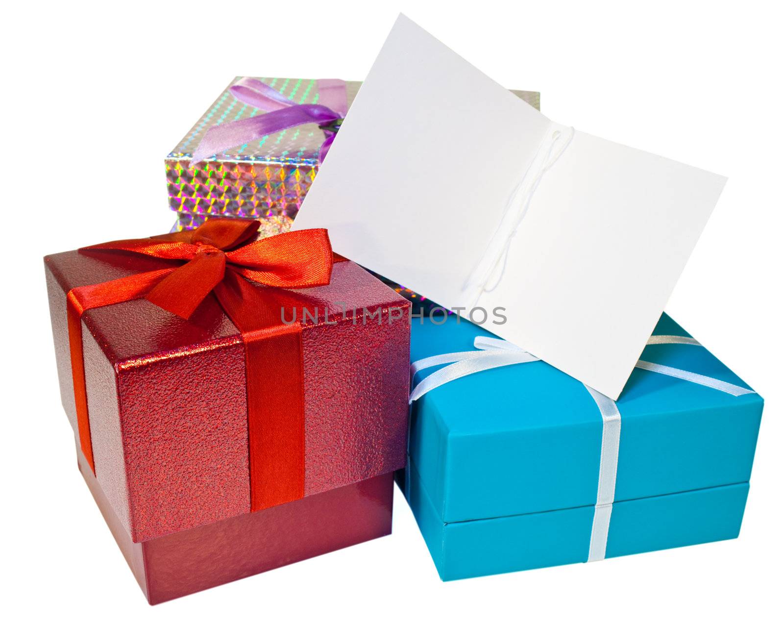 A pile of presents and a gift tag with copy space
