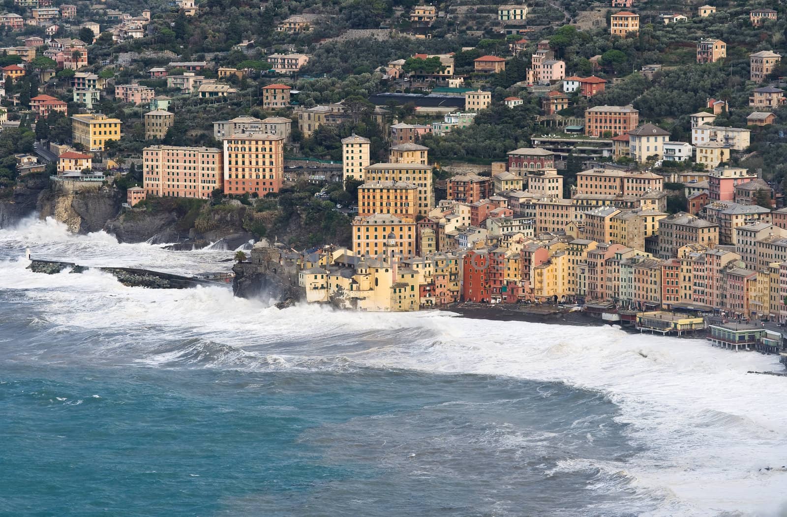Sea storm in camogli, famous small town near Genova, italy