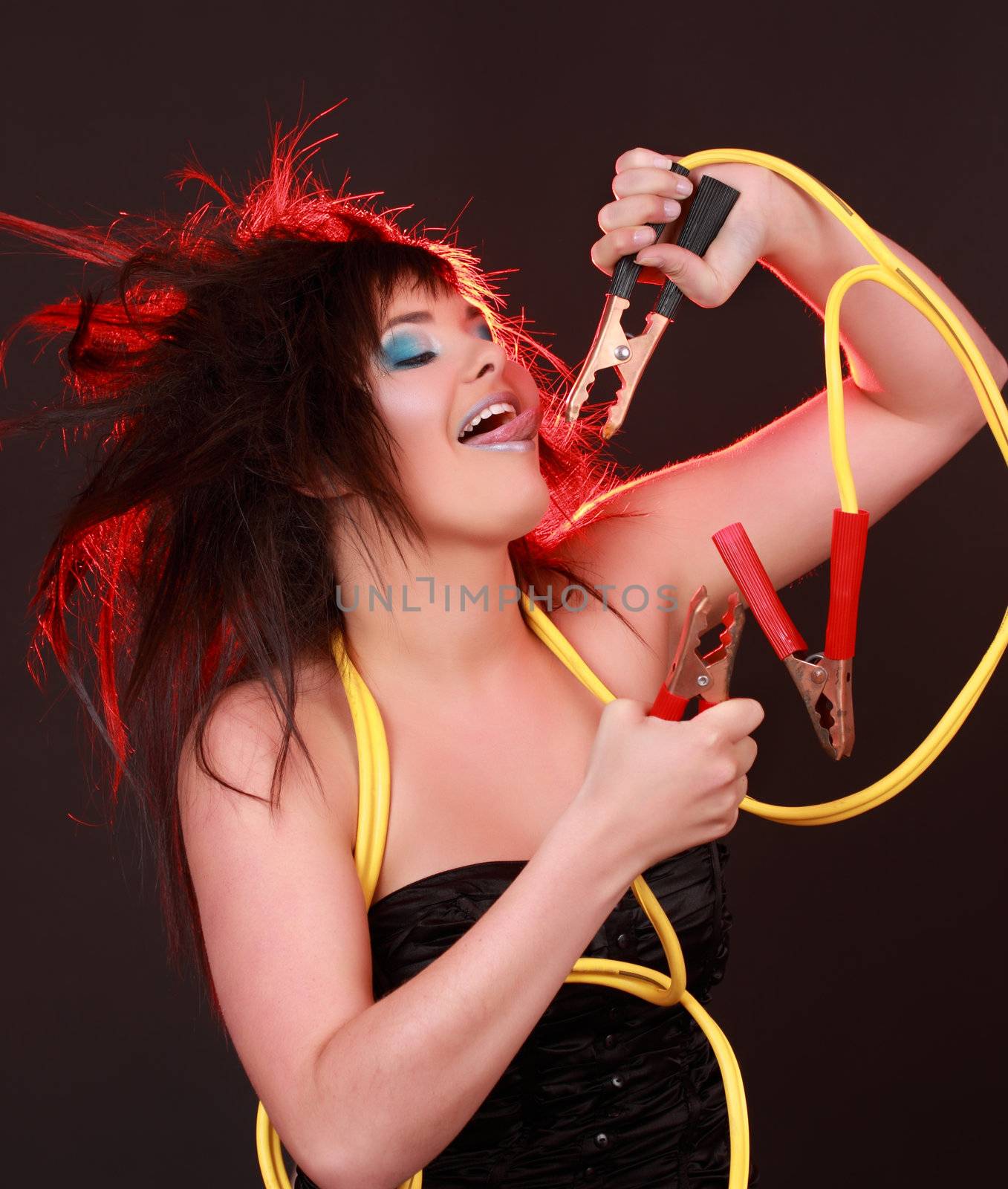 girl with yellow electric cable