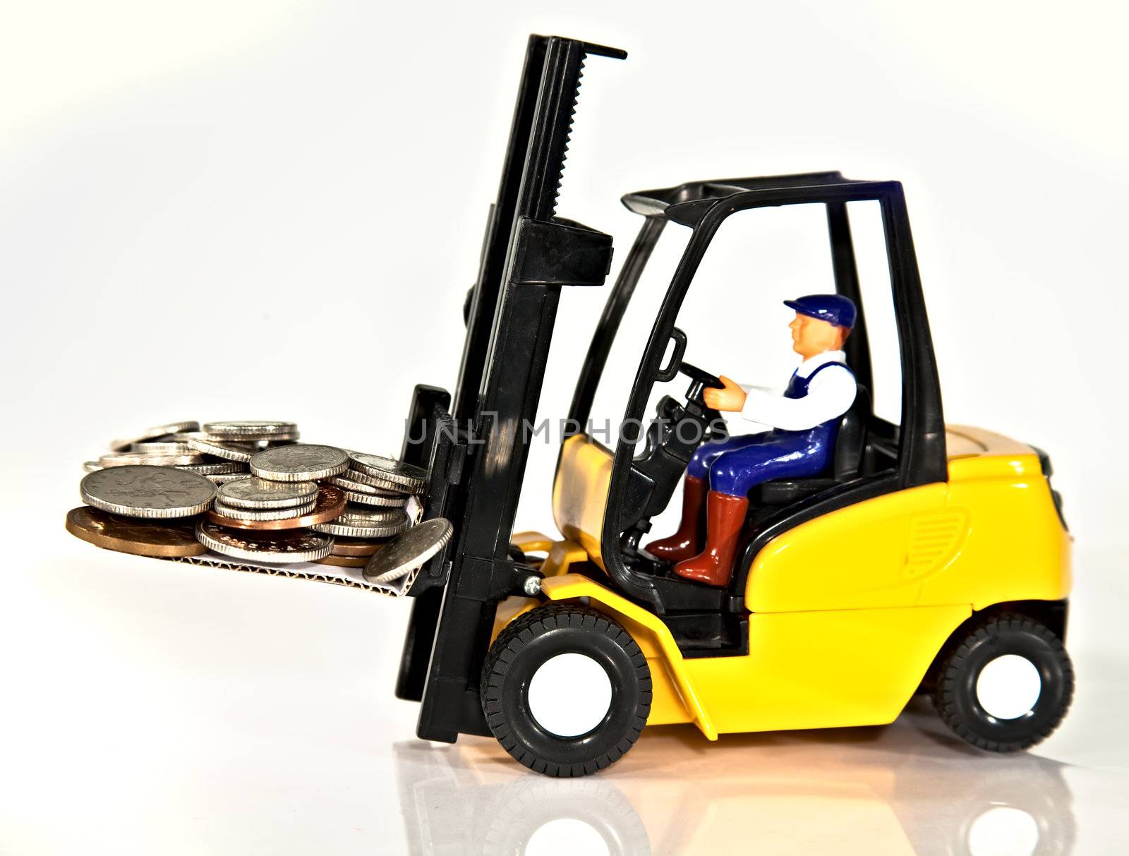 A toy fork lift truck lifting a pallet full of money