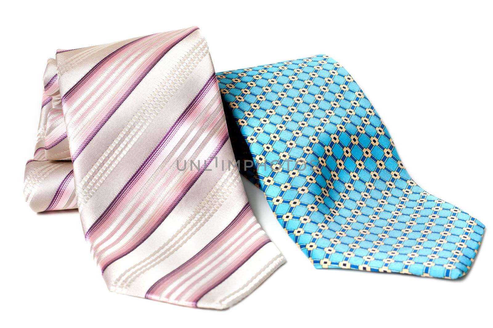 Blue and rose ties convolute on white background
