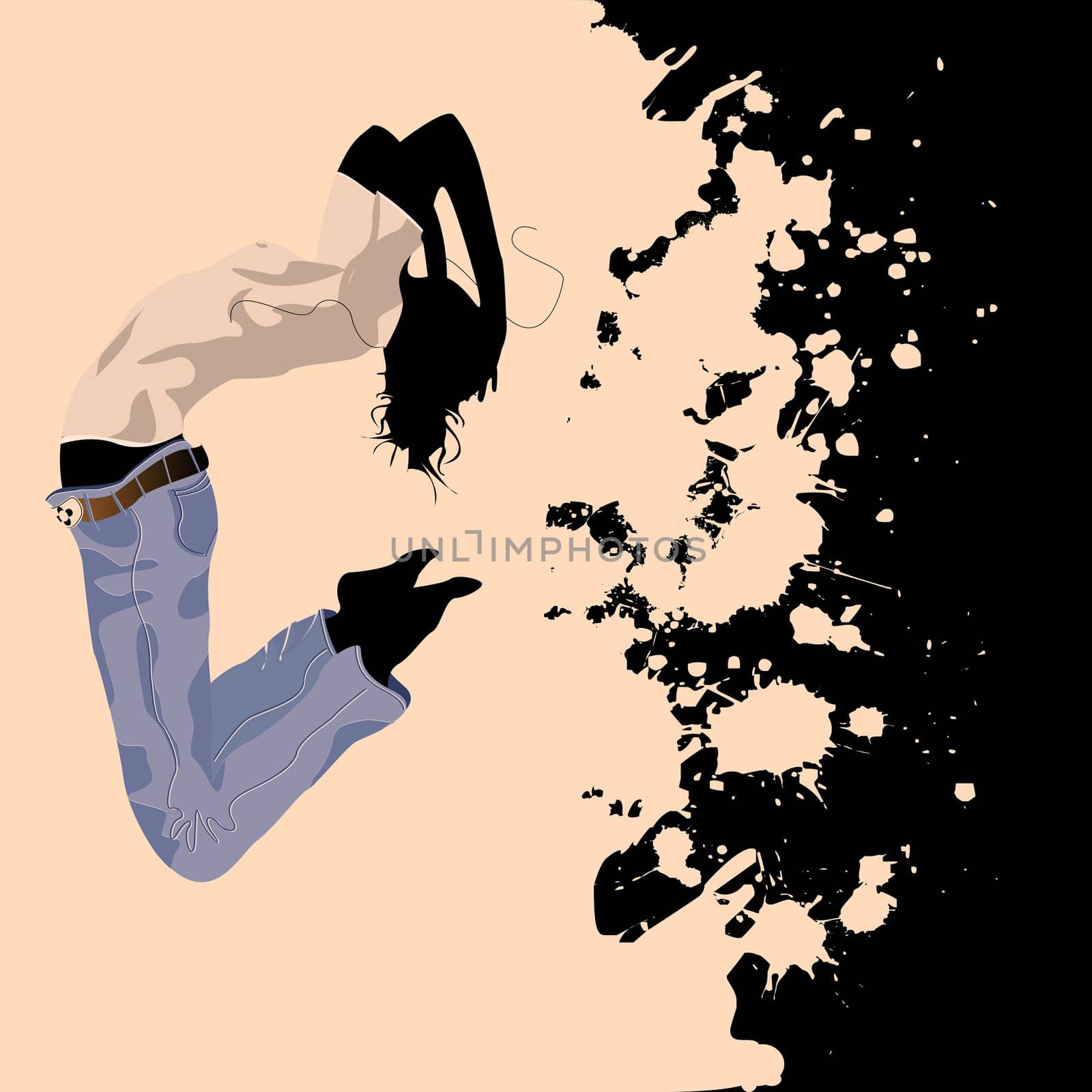 Girl jumping over a grunge splat background