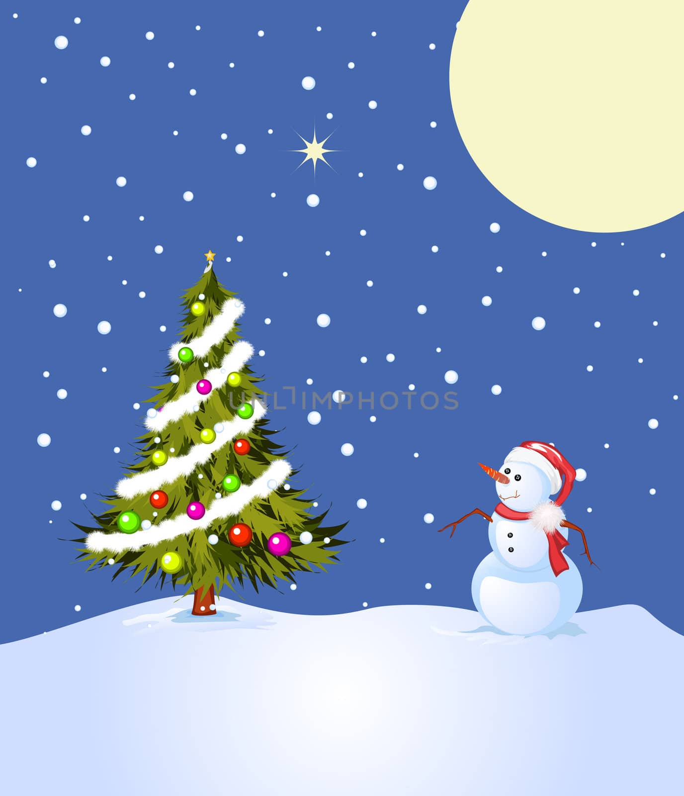 Holly night, illustration with snowman and decorated Christmas tree
