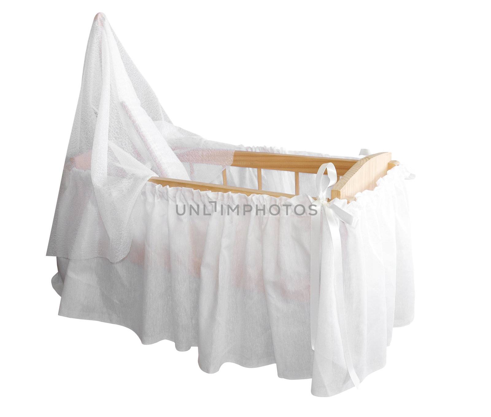 Wooden Bassinet with White Drapes isolated with clipping path      
