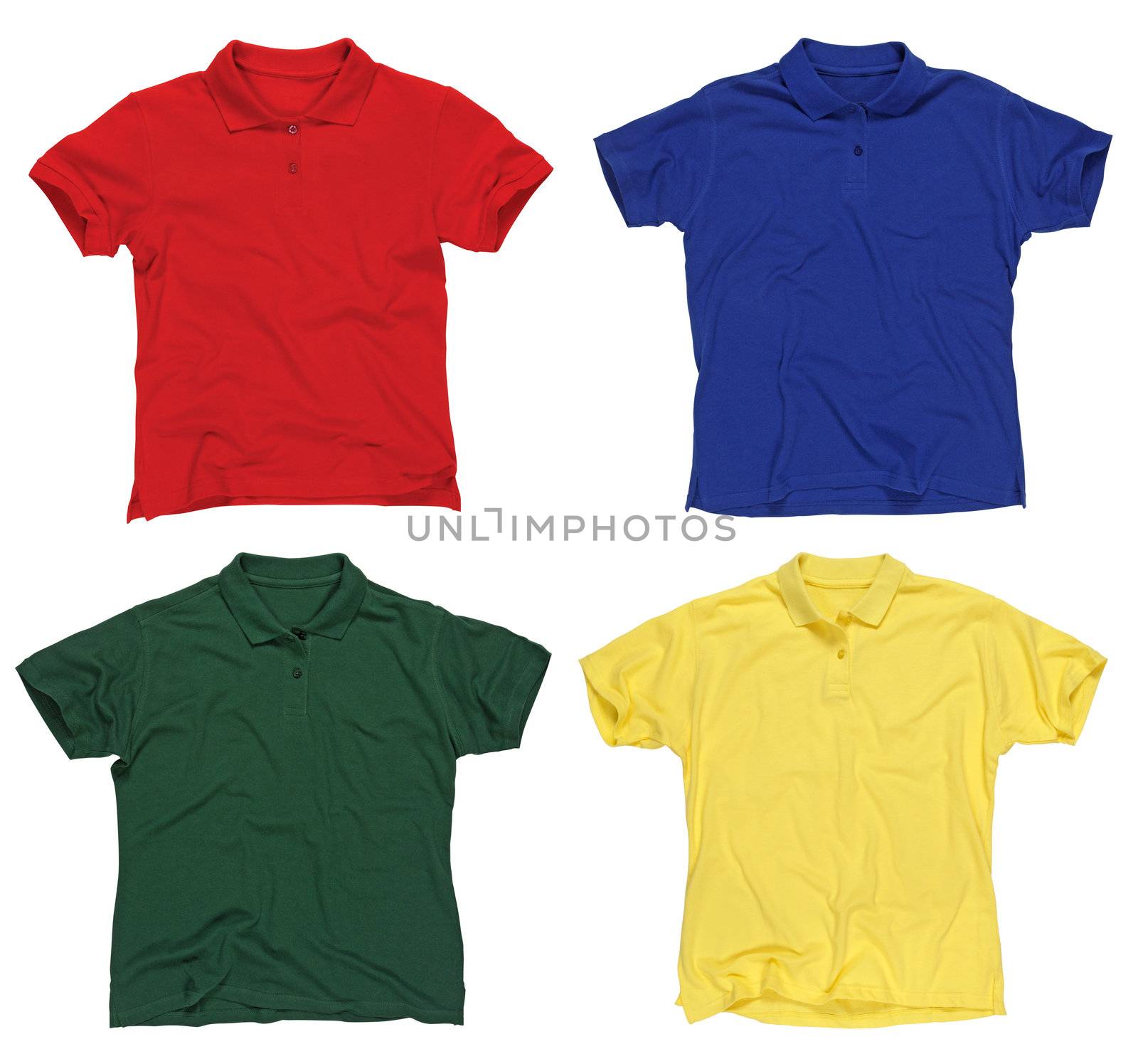 Photograph of four blank polo shirts, red, blue, green and yellow.  Clipping paths included.  Ready for your design or logo.