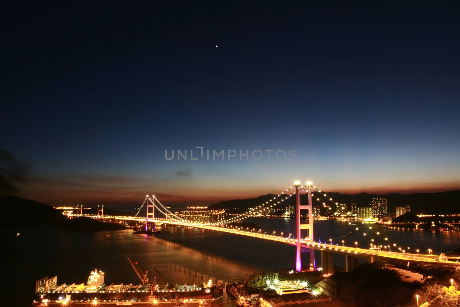 Wide angle of Tsing ma bridge in night scene