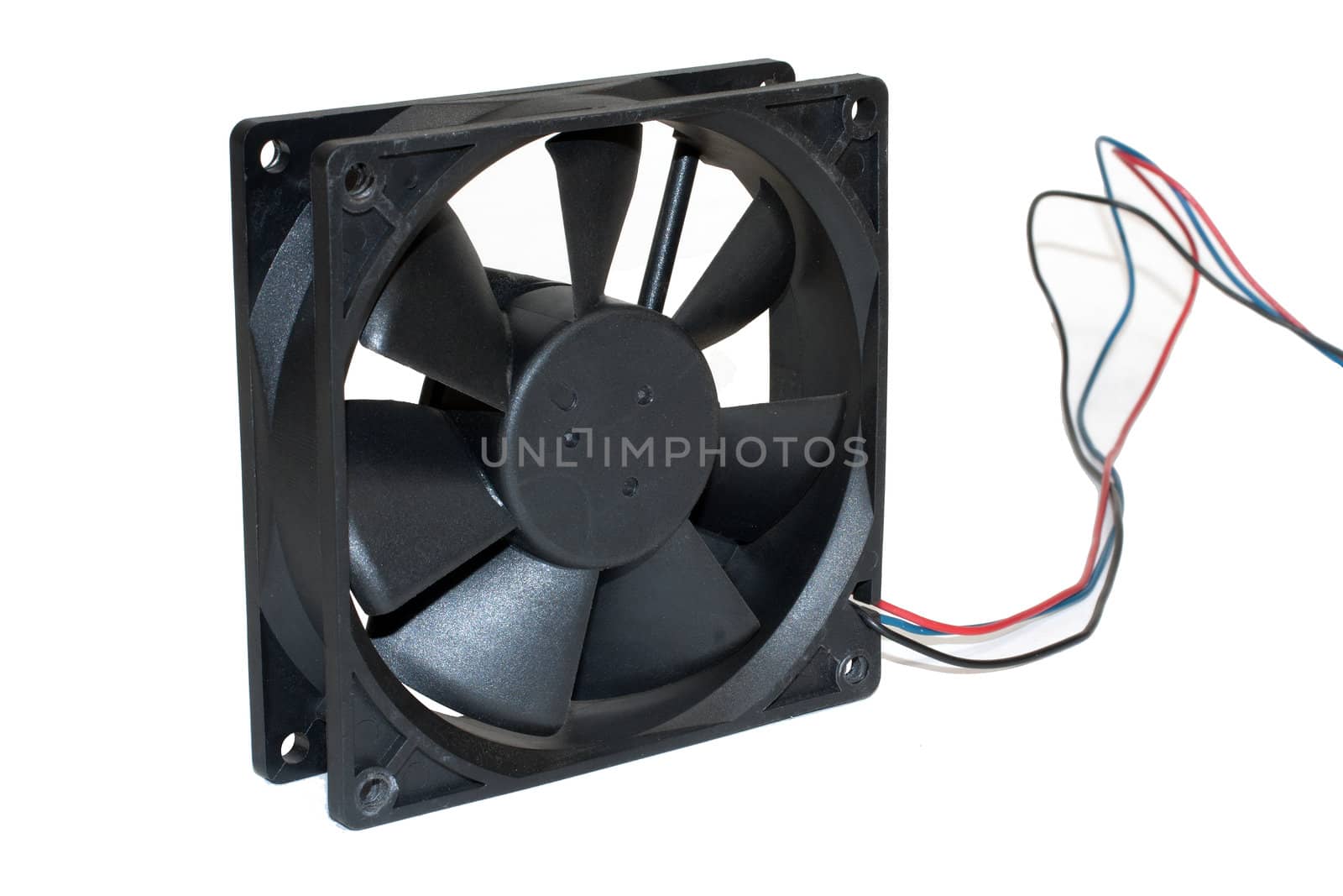 a computer cooling fan with wires on white isolated background