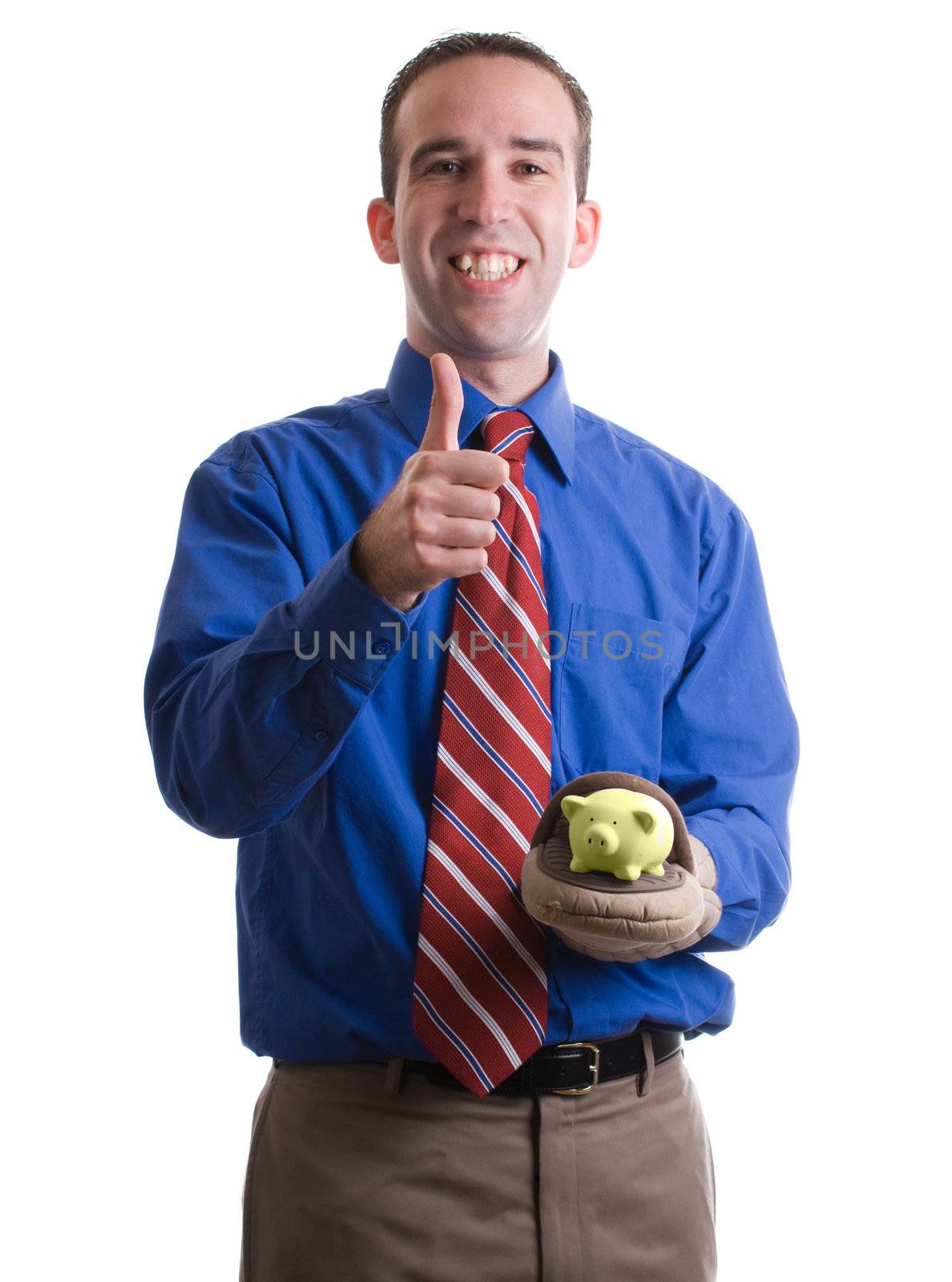 Concept image of a businessman giving a thumbs up because of a successful investment, isolated against a white background