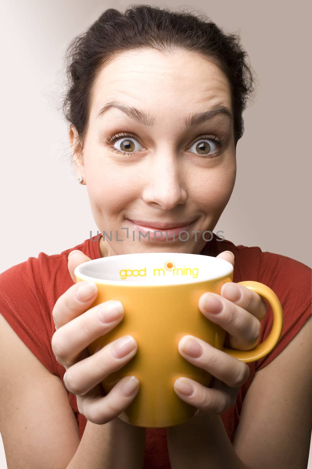 positive girl with yellow cup titled "Good morning"