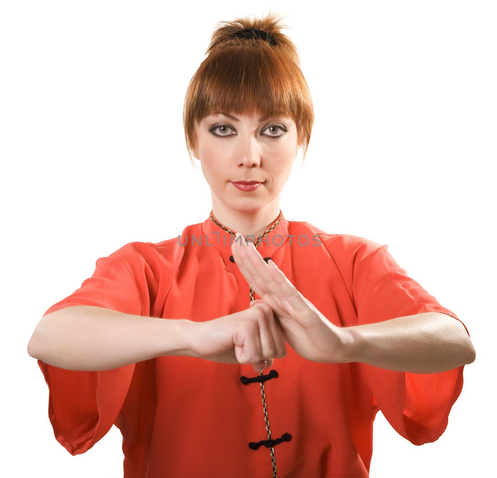 young woman makes chinese greeting gesture isolated with clipping path on white background