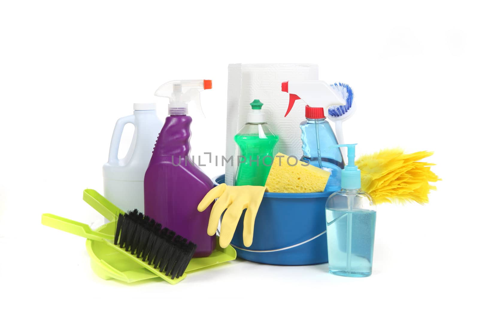 Household Items Used for Chores and Cleaning up the House on White Background