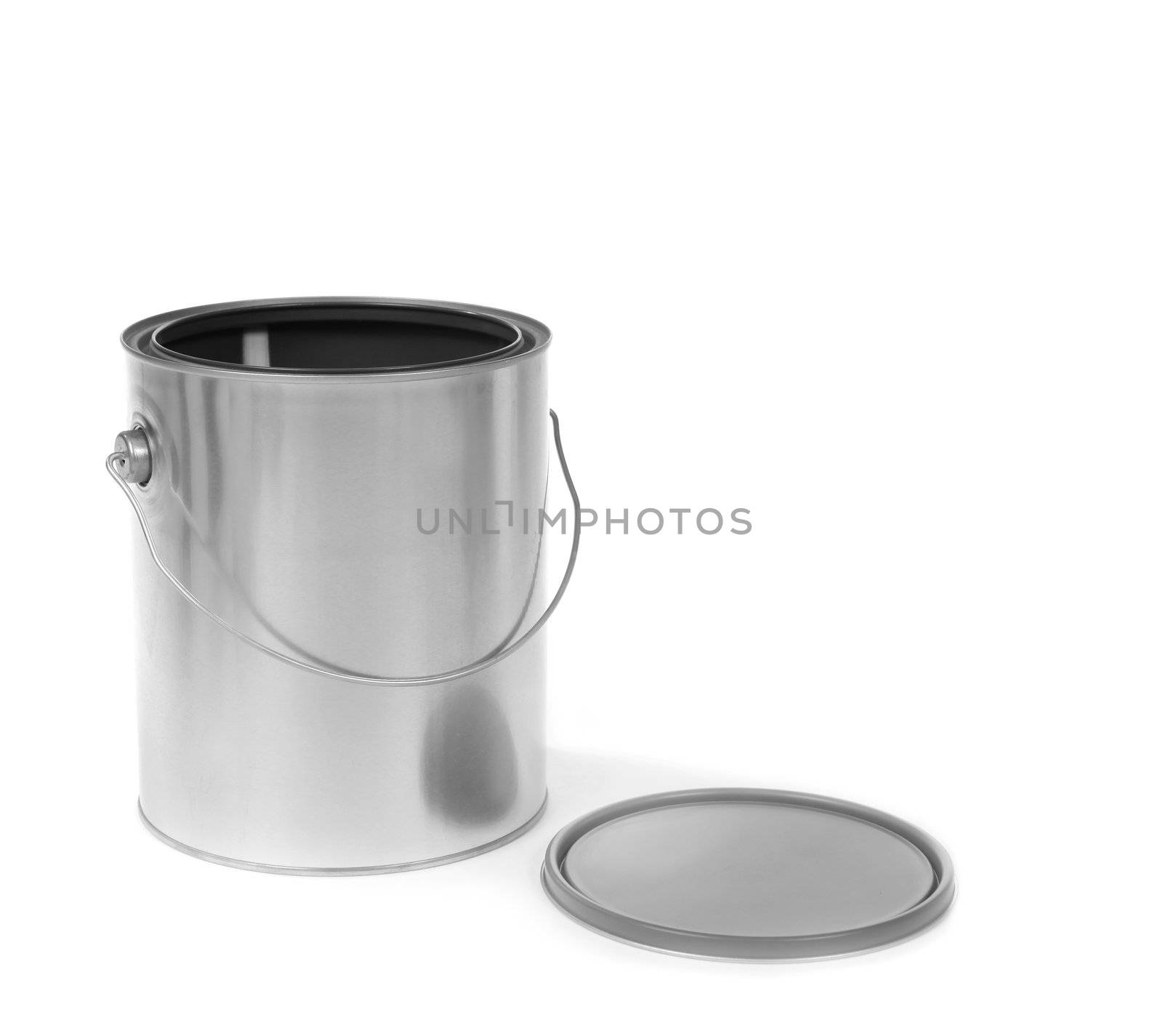 Silver tin paint can opened on a white background