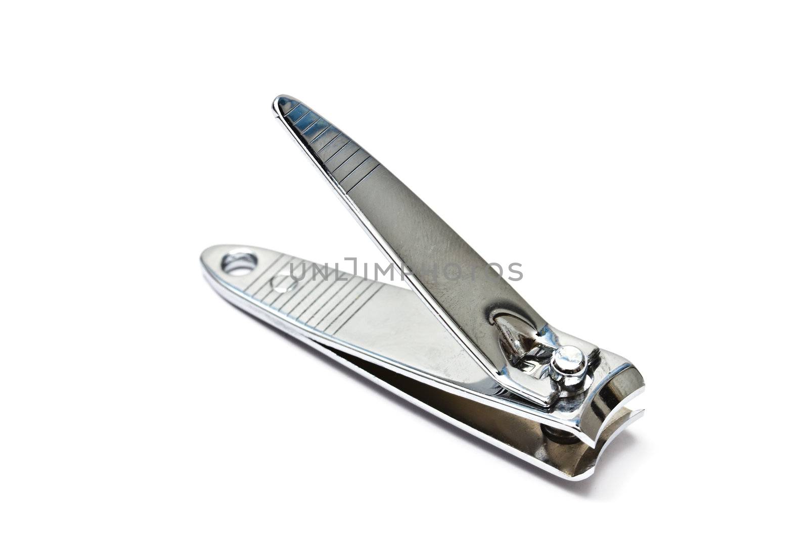 stainless steel nail clippers isolated on white background 
