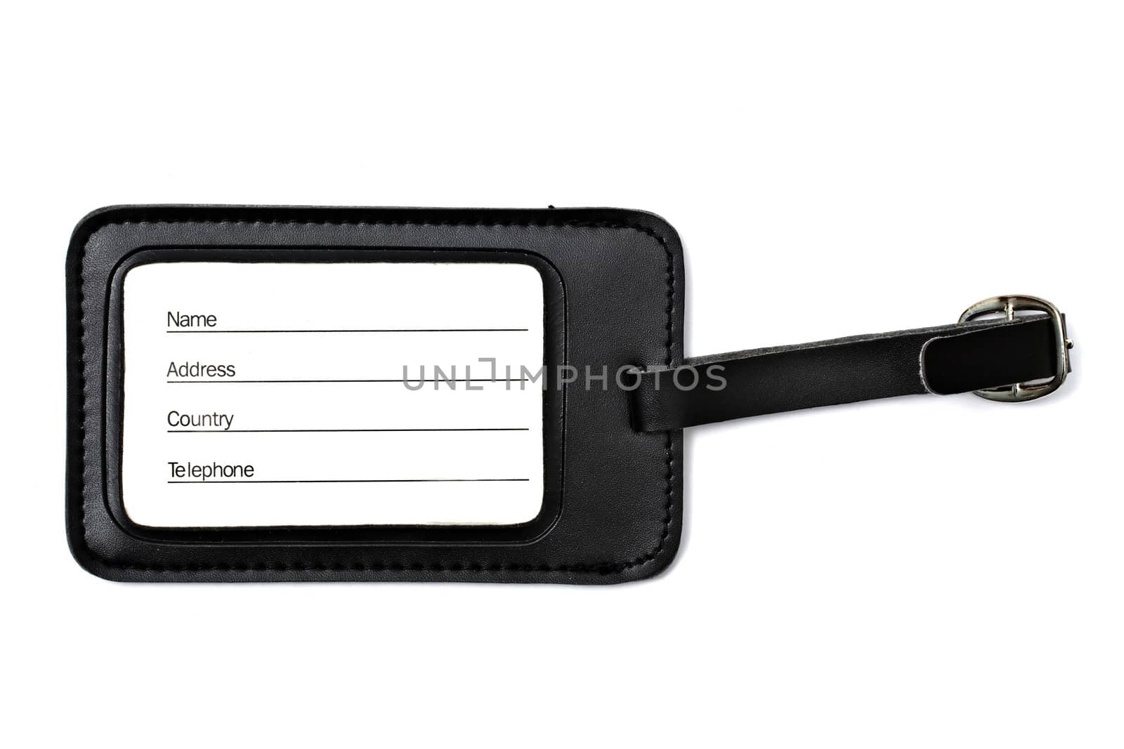 Black leather Luggage tag isolated on white background
