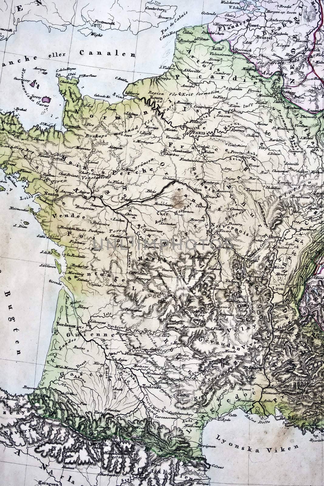 Ancient map of France closeup