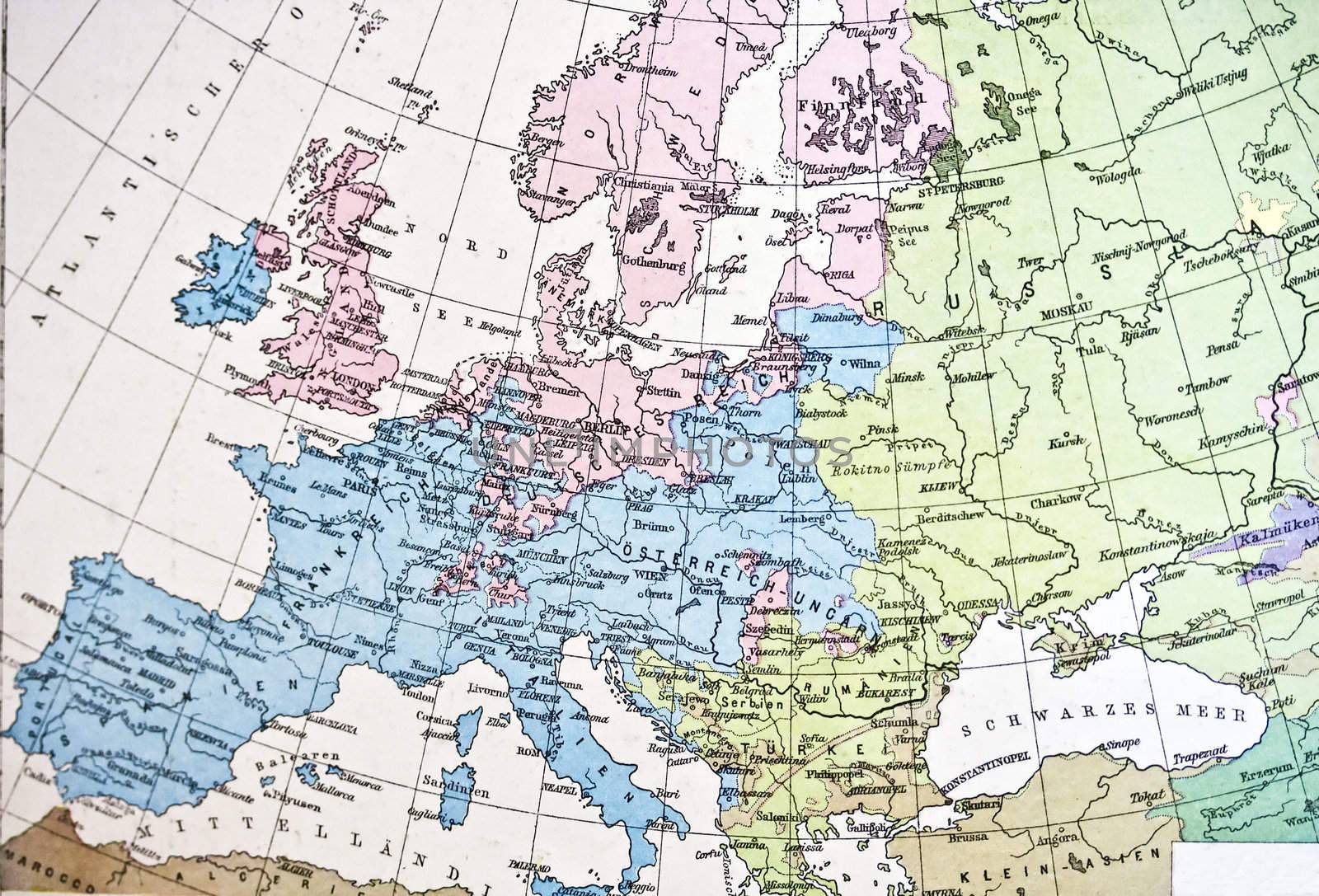 Ancient map or Europe. Handmade in 1881