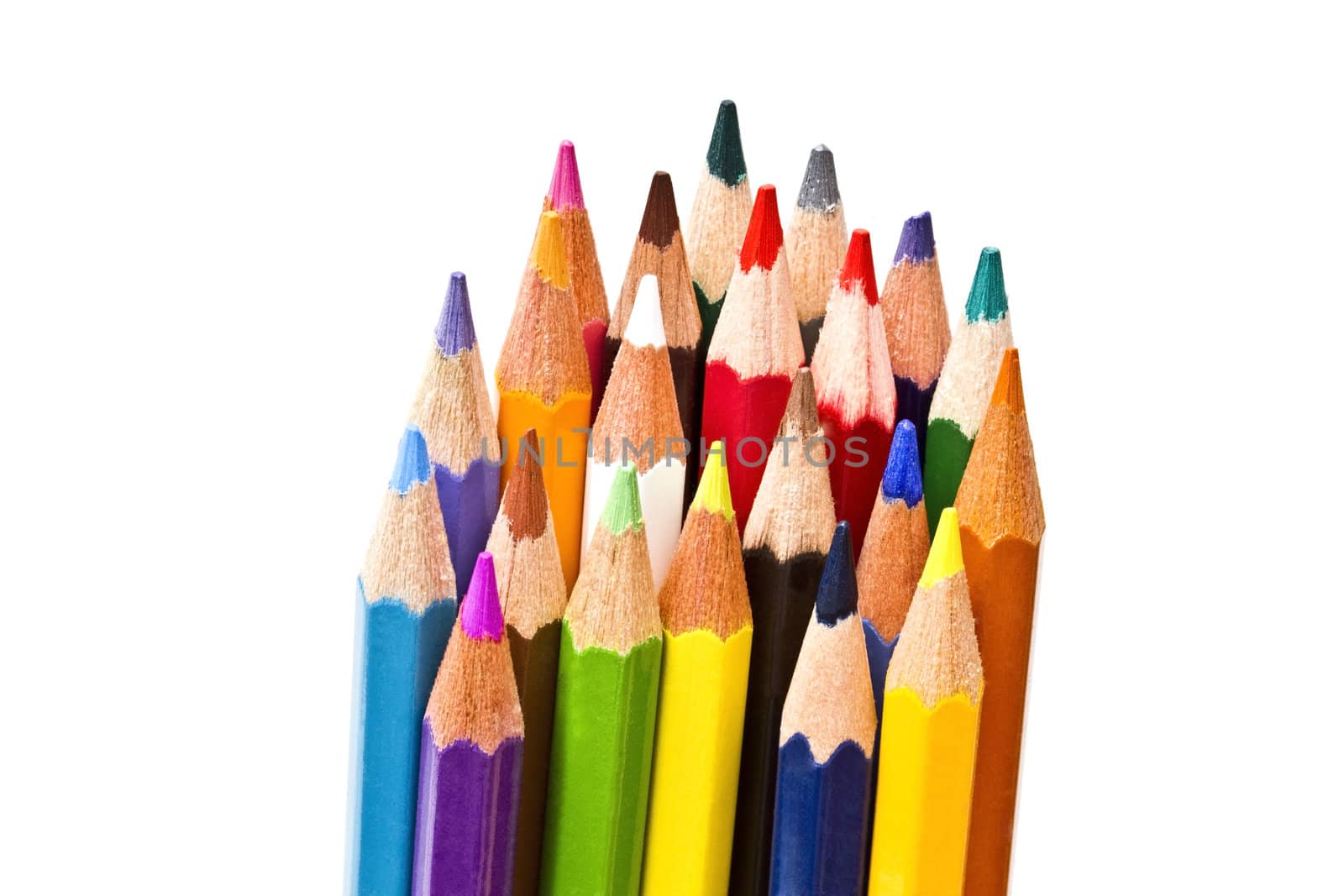 Colorful pencils on focus isolated on white background
