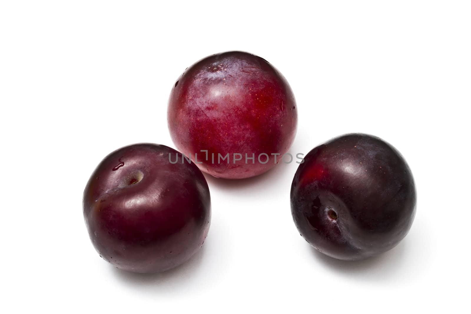 Three red plums isolated on white background