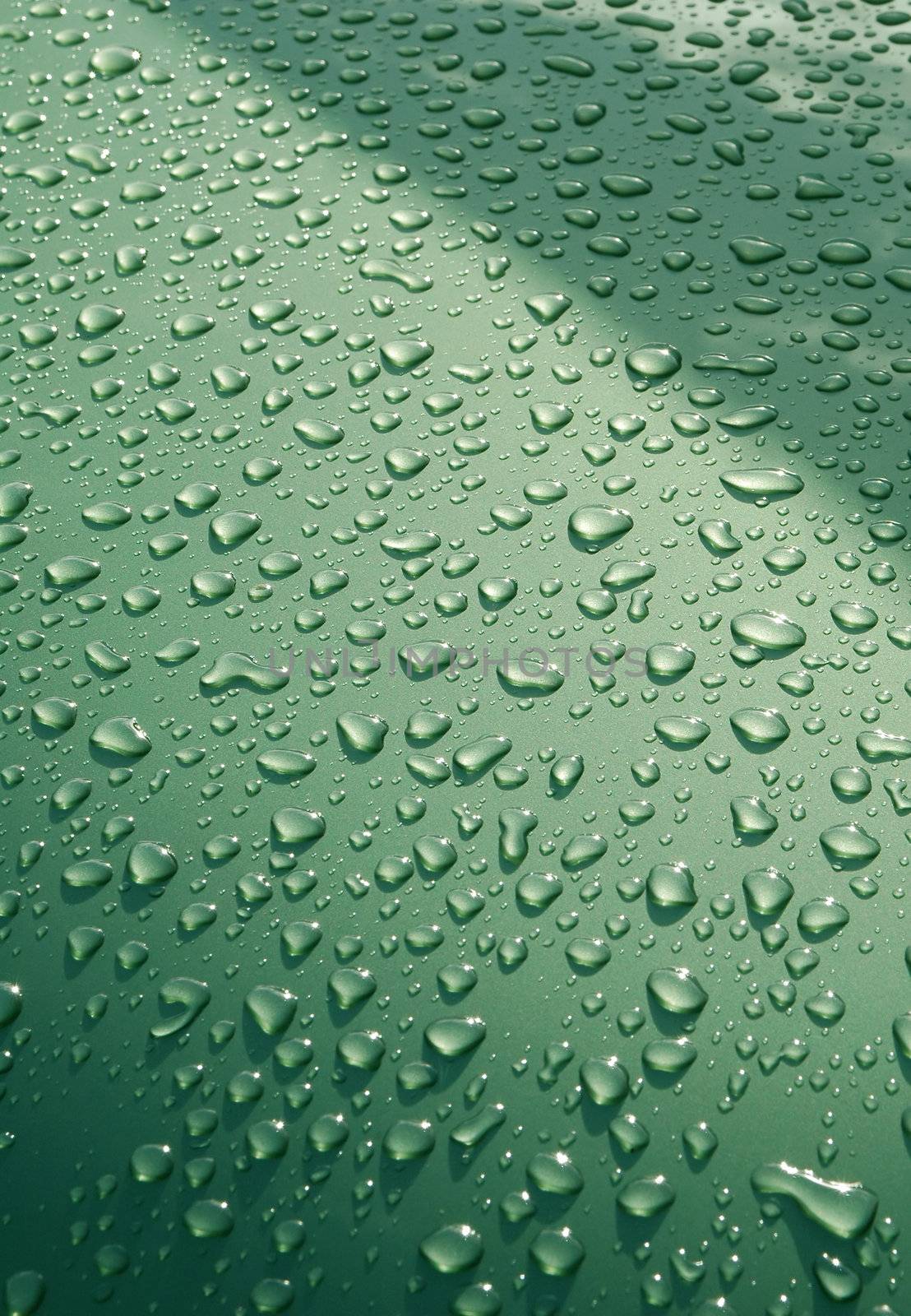 background of raindrops on a green vehicle panel