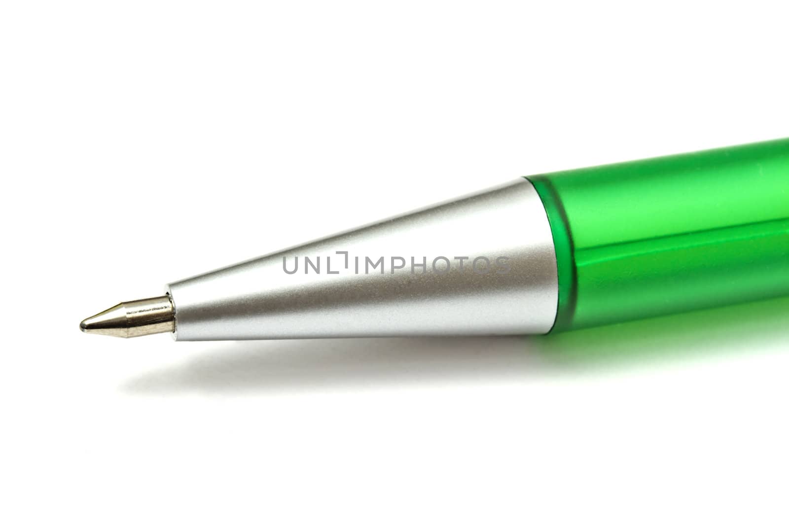 Green Ball Point Pen closeup On White background 
