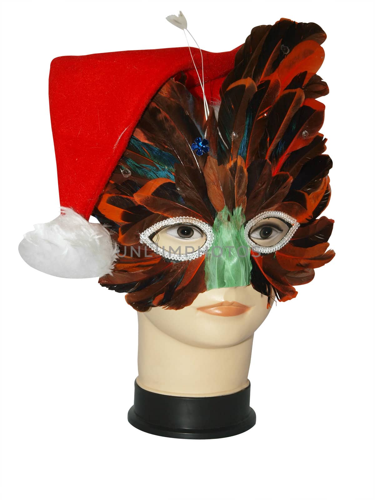 Mannequin with Santa Hat and Feather Mask isolated with clipping path      