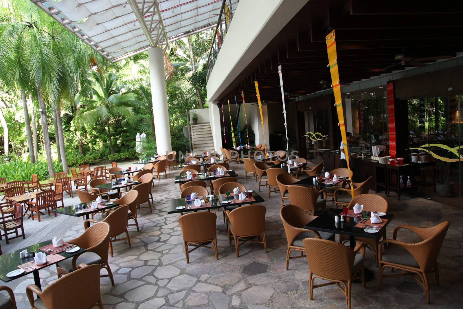 Outdoor seating area in a modern restaurant.
