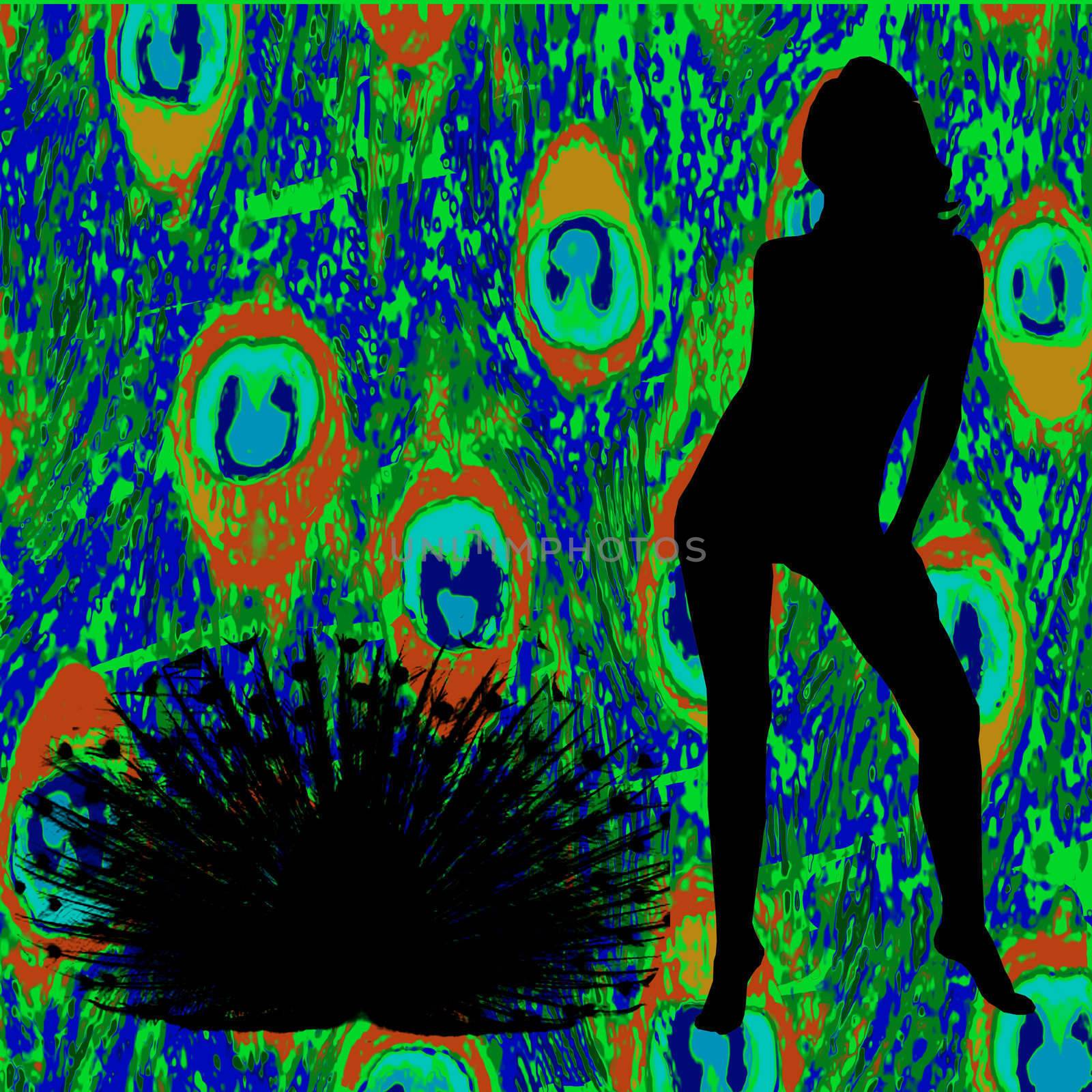 Silhouette woman and peacock against a peacock feather background.