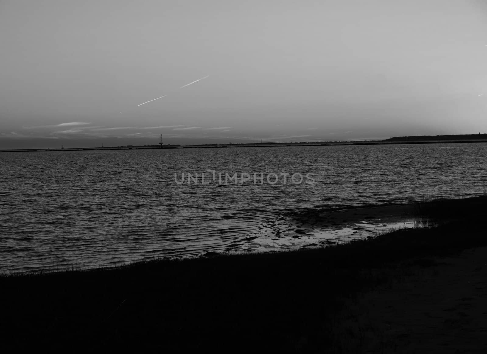 The North Carolina Coast at sunset. Shown in black and white