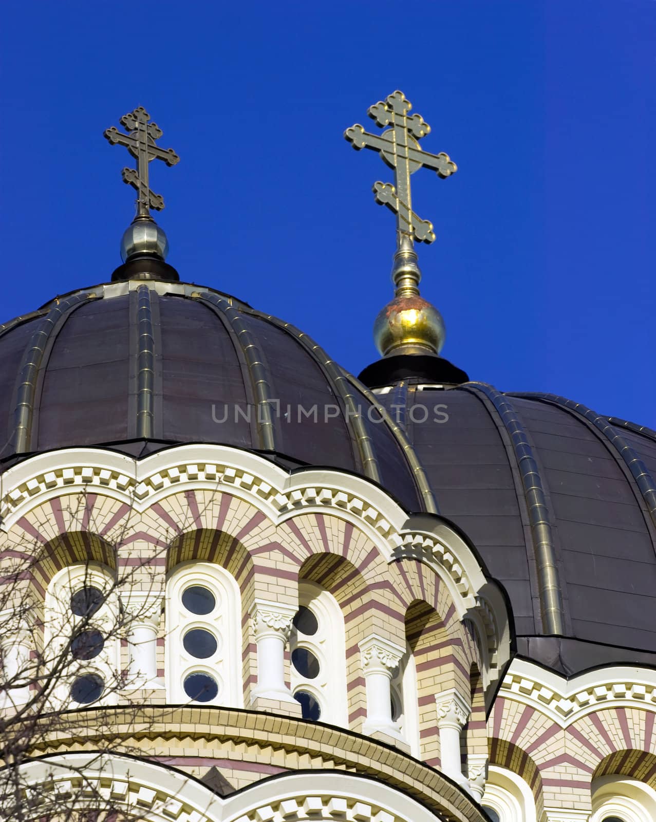 Upper part of Biggest Russian Orthodox Cathedral in Riga, Latvia