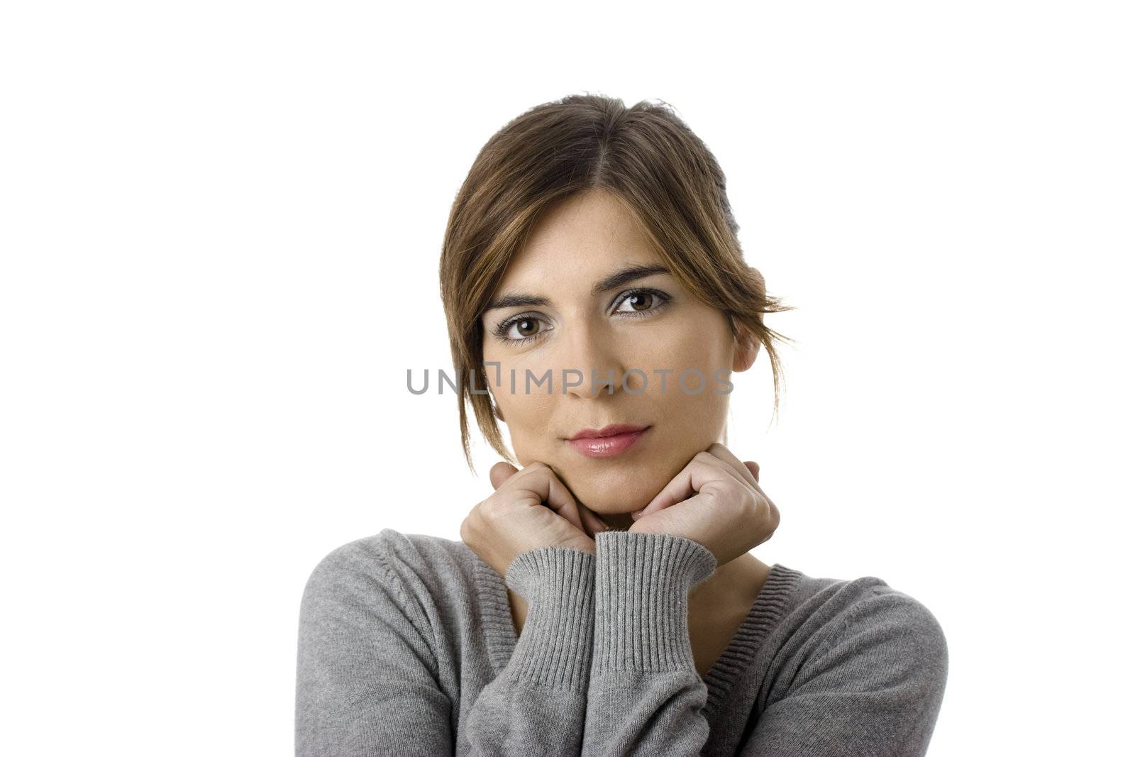 Beautiful woman smiling - Close up portrait of a beautiful female model with hands on the face