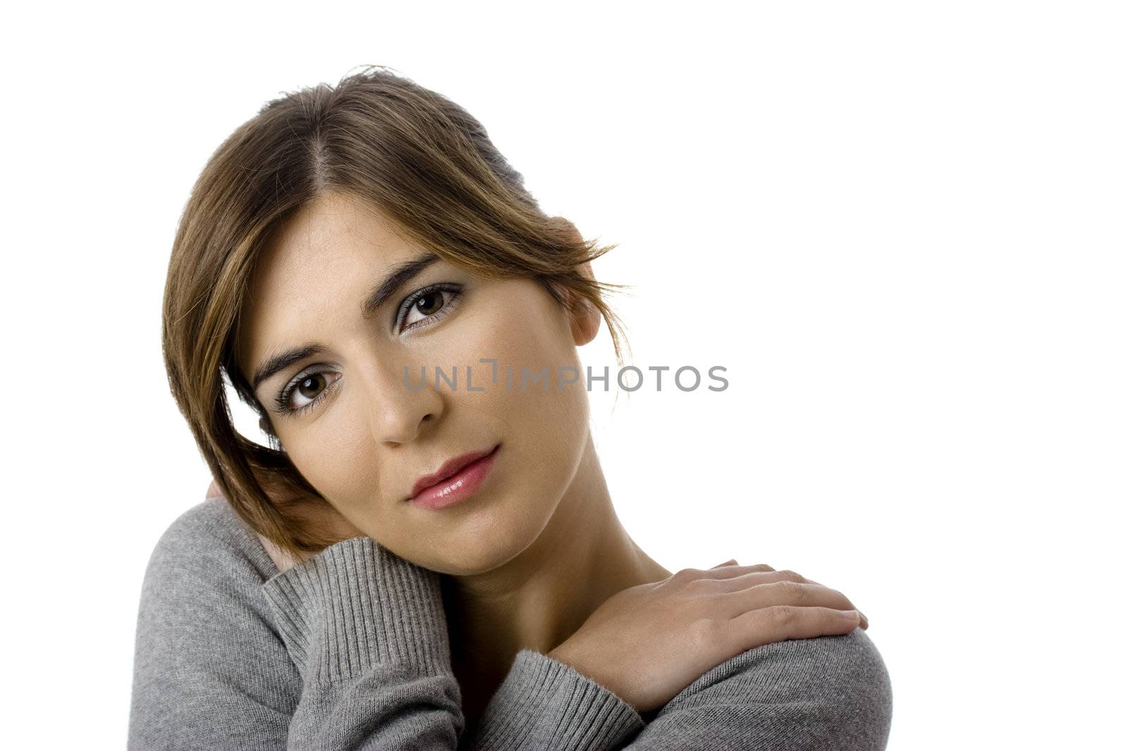 Close-up portrait of a fresh and beautiful young woman, isolated on white.
