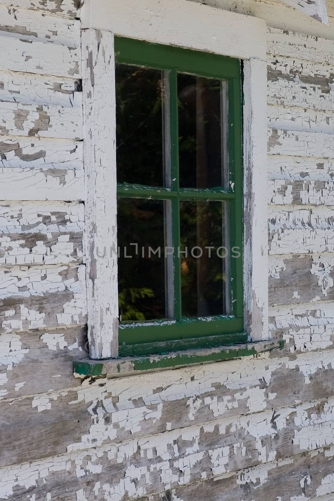 A green window surrounded by a weathered white