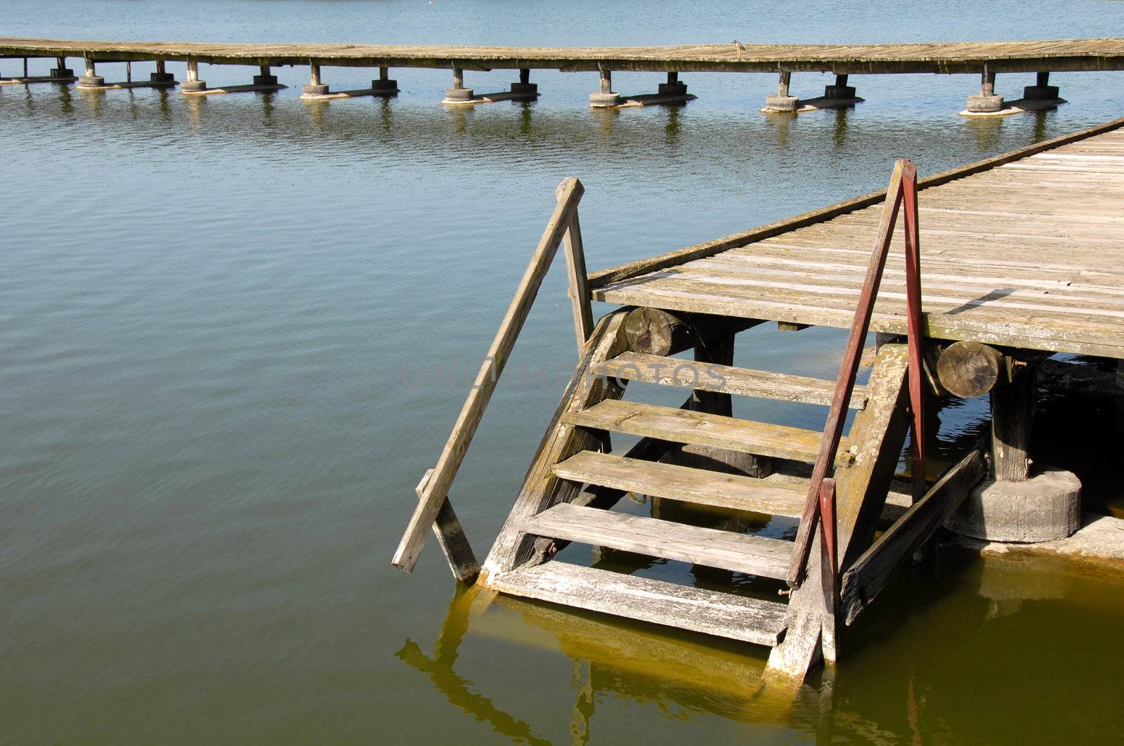 old wooden stairs on yellowish lake at Palic, Serbia
