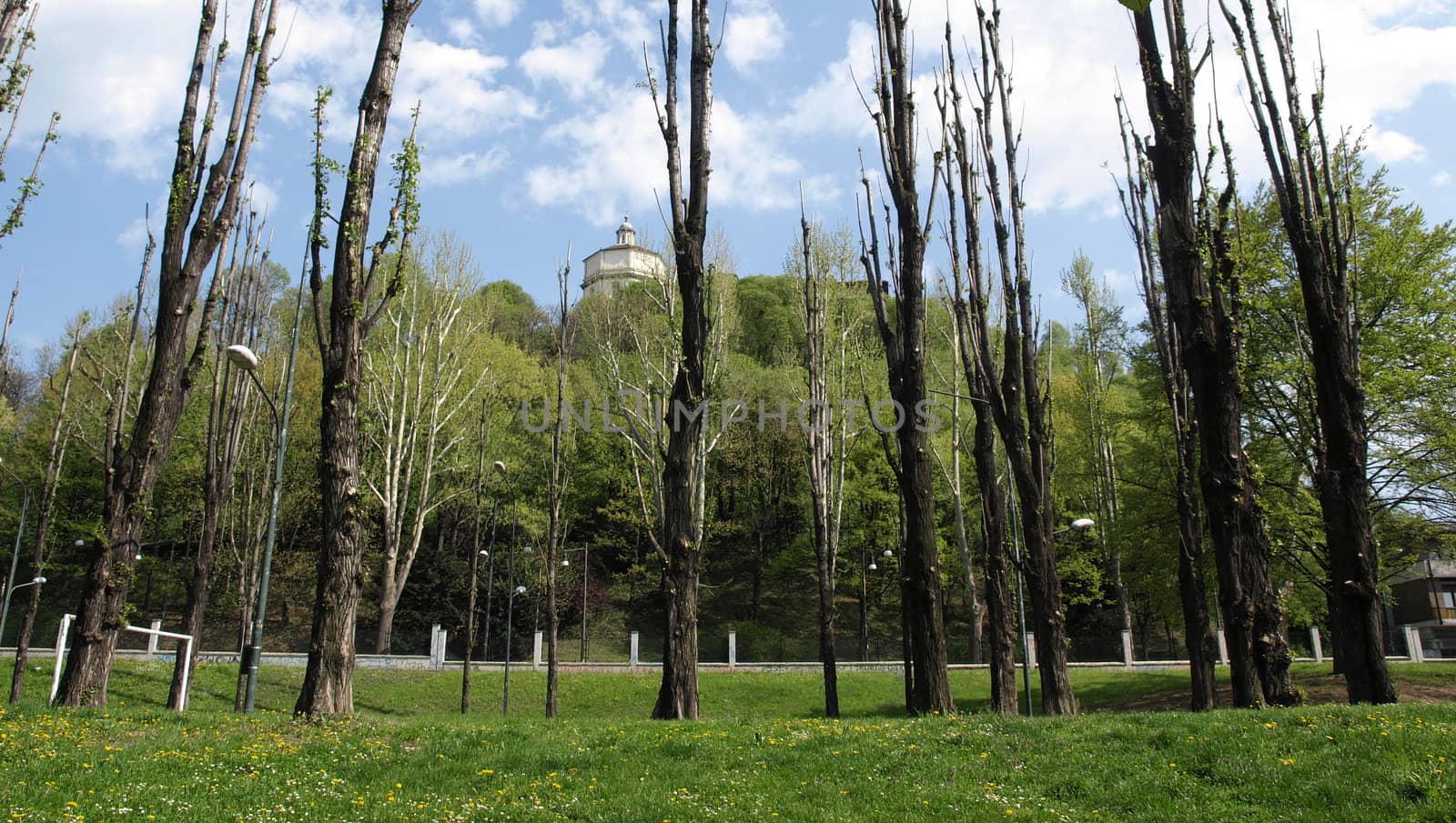 Monte dei Cappuccini church seen from a riverside park in Turin