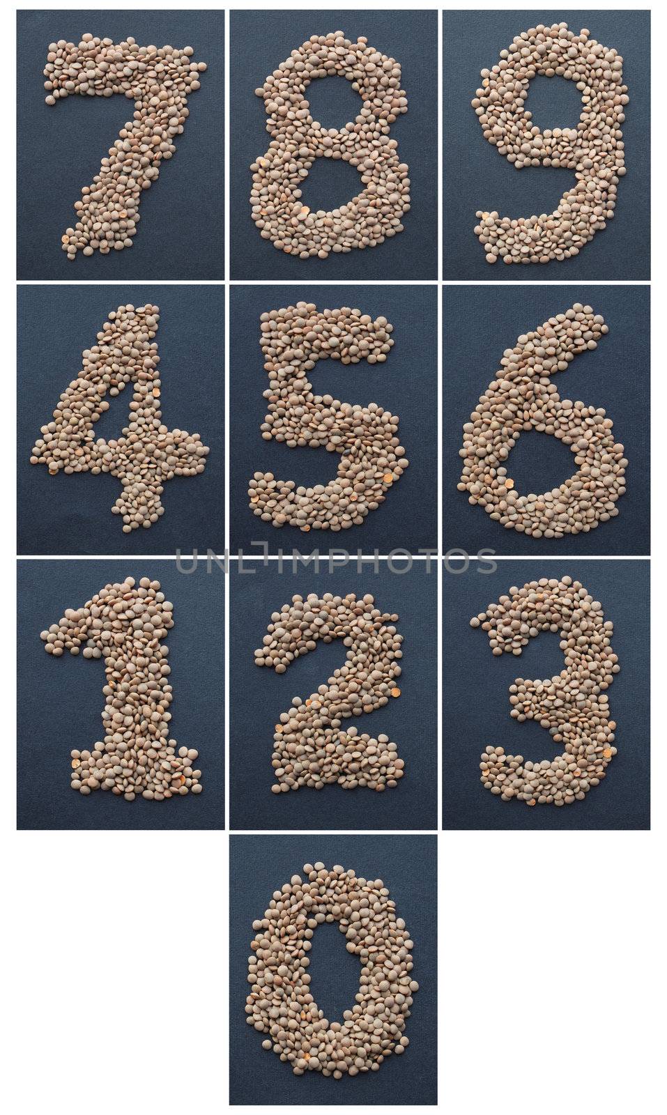 Numbers inclunding all digits 0 1 2 3 4 5 6 7 8 9 made with lentils