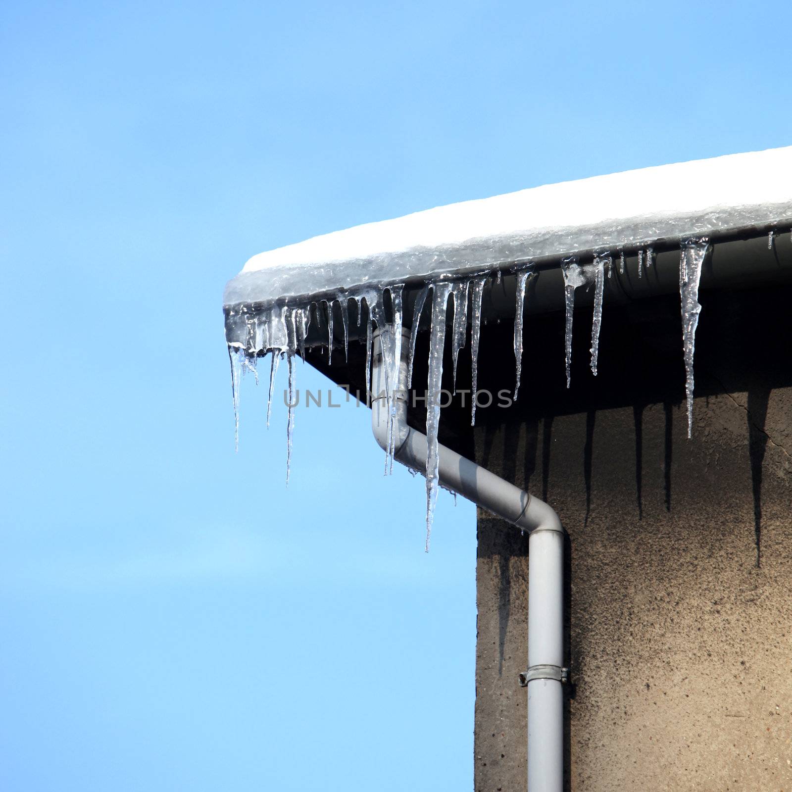 Danger - small icicles hanging from the gutter in front of blue sky
 