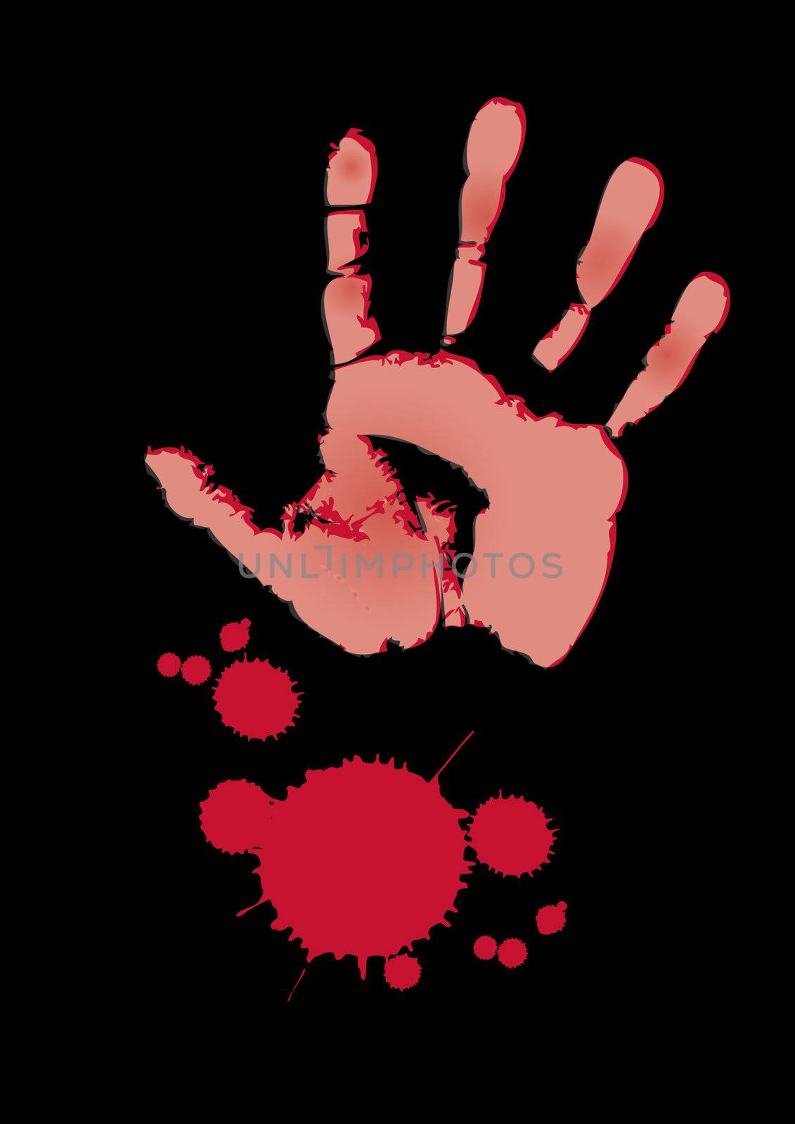 An illustration of a bloody hand print with a blood splatter set on a black background.