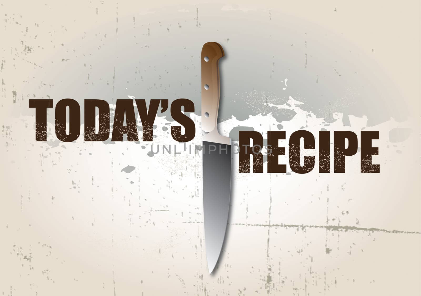 A landscape format background with text spelling out today's recipe set on a grunge style background with a sharp kitchen knife used as a symbol.